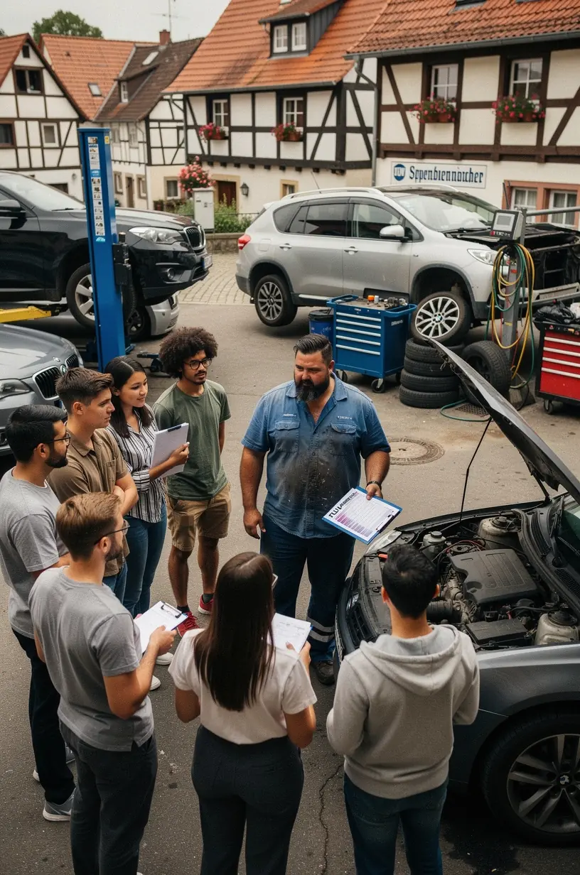 Autobesitzer prüft Scheibenwischer und Beleuchtung vor TÜV-Begutachtung